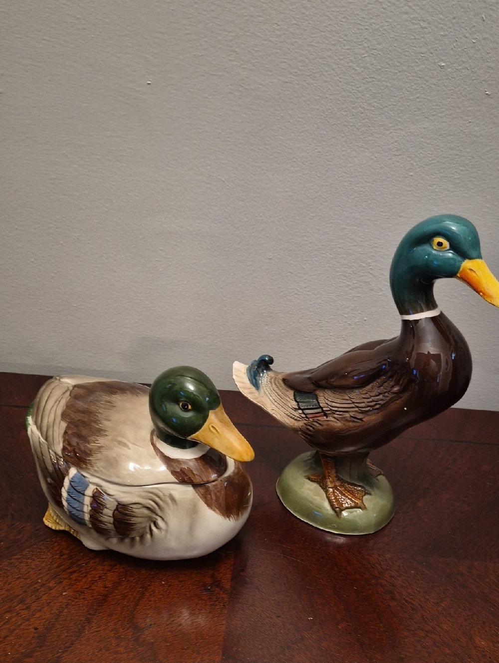 Vintage Ceramic Mallard Duck Pair in Green, Brown and Yellow